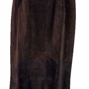 SUEDE LONG A-LINE SKIRT WITH SCALLOPED HEM, TAGS ON, MISSES 14, DARK BROWN,